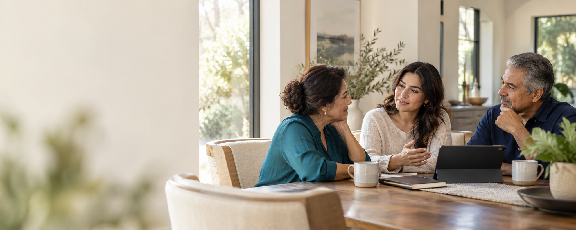 A family having a thoughtful planning conversation at home